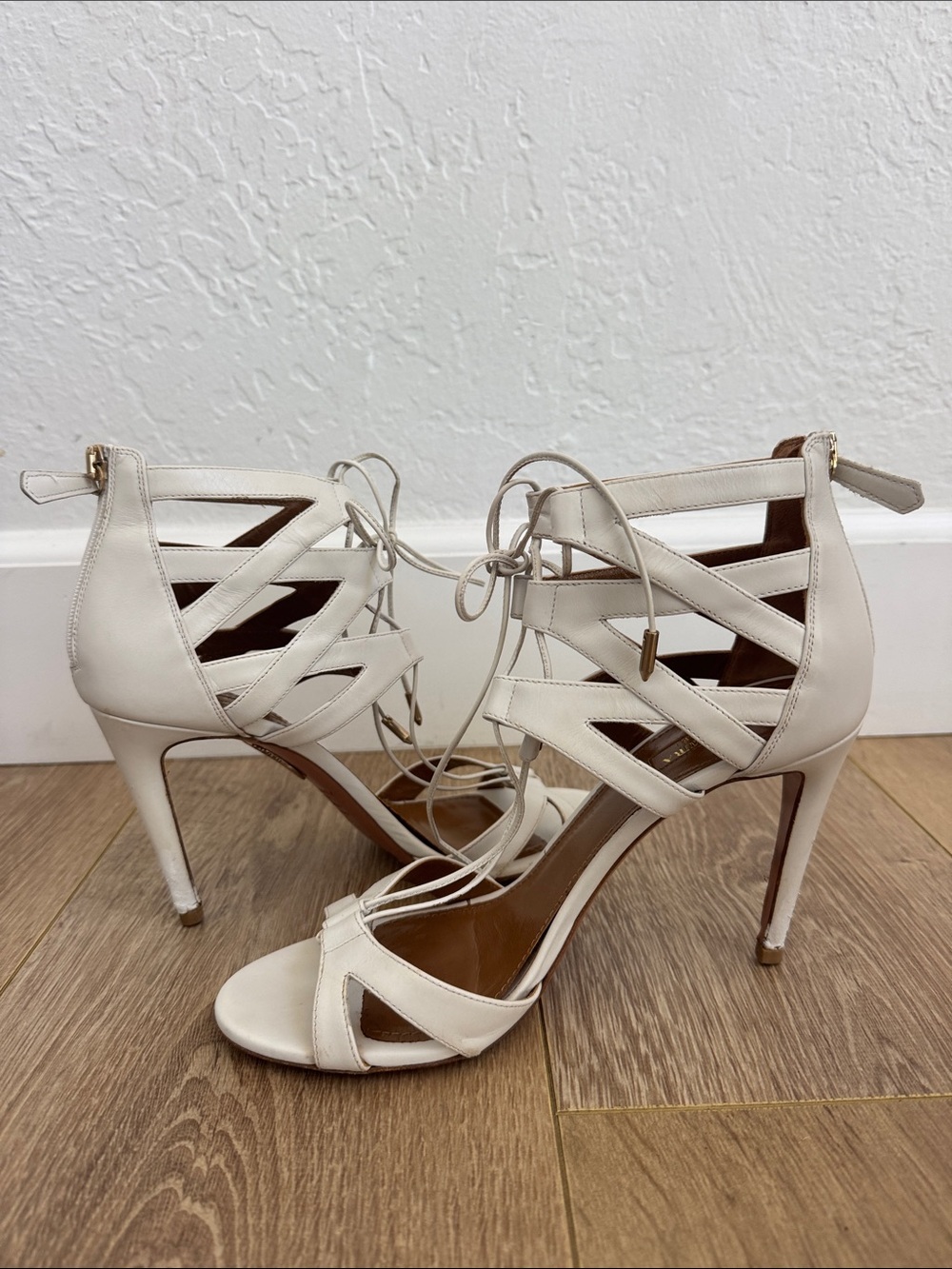 Aquazzura Lace-Up Strappy High Heels in Cream
